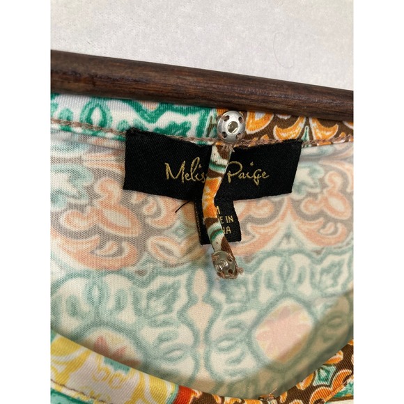 Melissa Paige Womens Mosaic Geometric Tile Print V-Neck 3/4 Sleeve Top Orange M - Picture 8 of 9